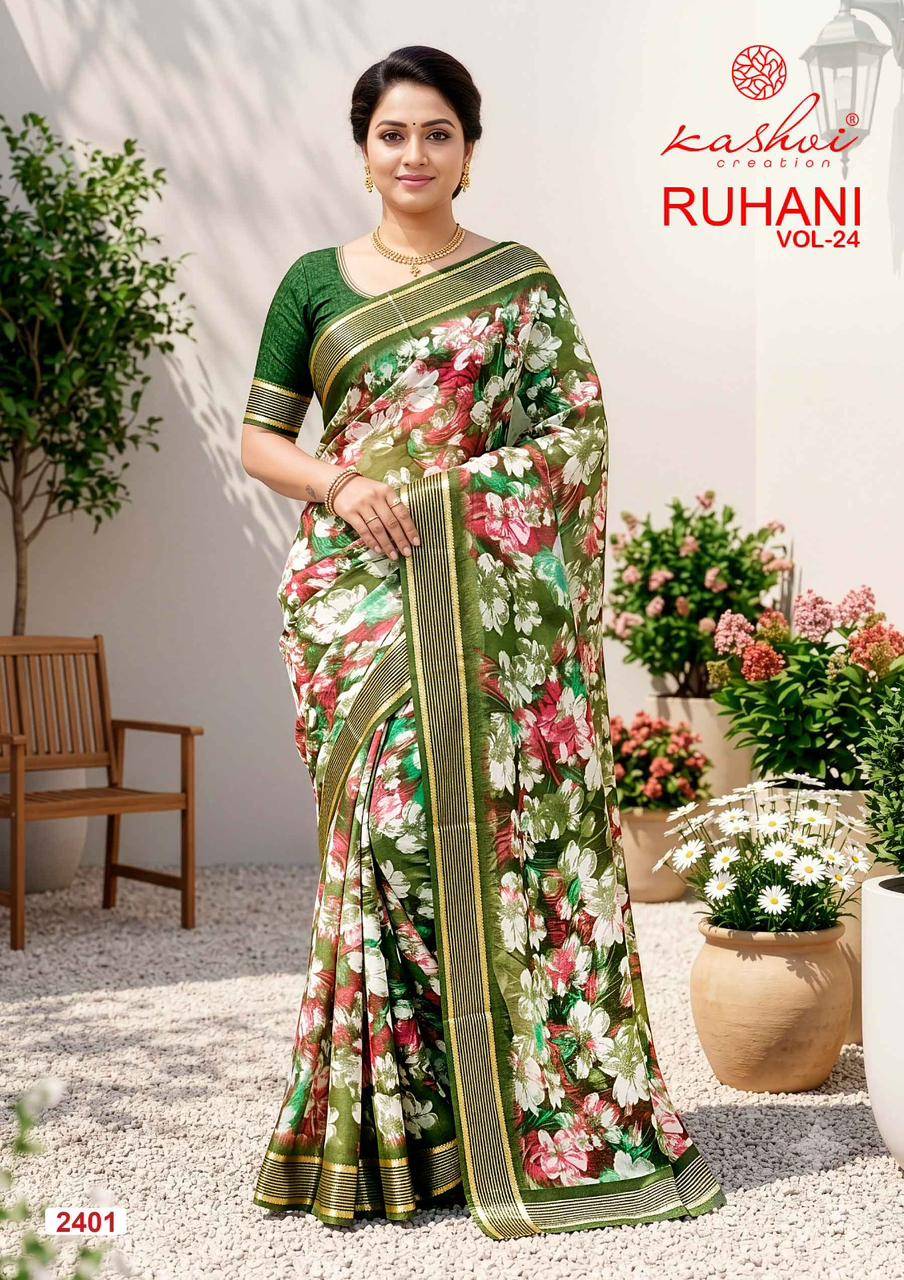 RUHANI VOL. 24 By KASHVI CREATION 2401 To 2408 Series Indian Traditional Wear Collection Beautiful Stylish Fancy Colorful Casuals Wear DULL MOSS ZARI PATTA Sarees At Wholesale Price
